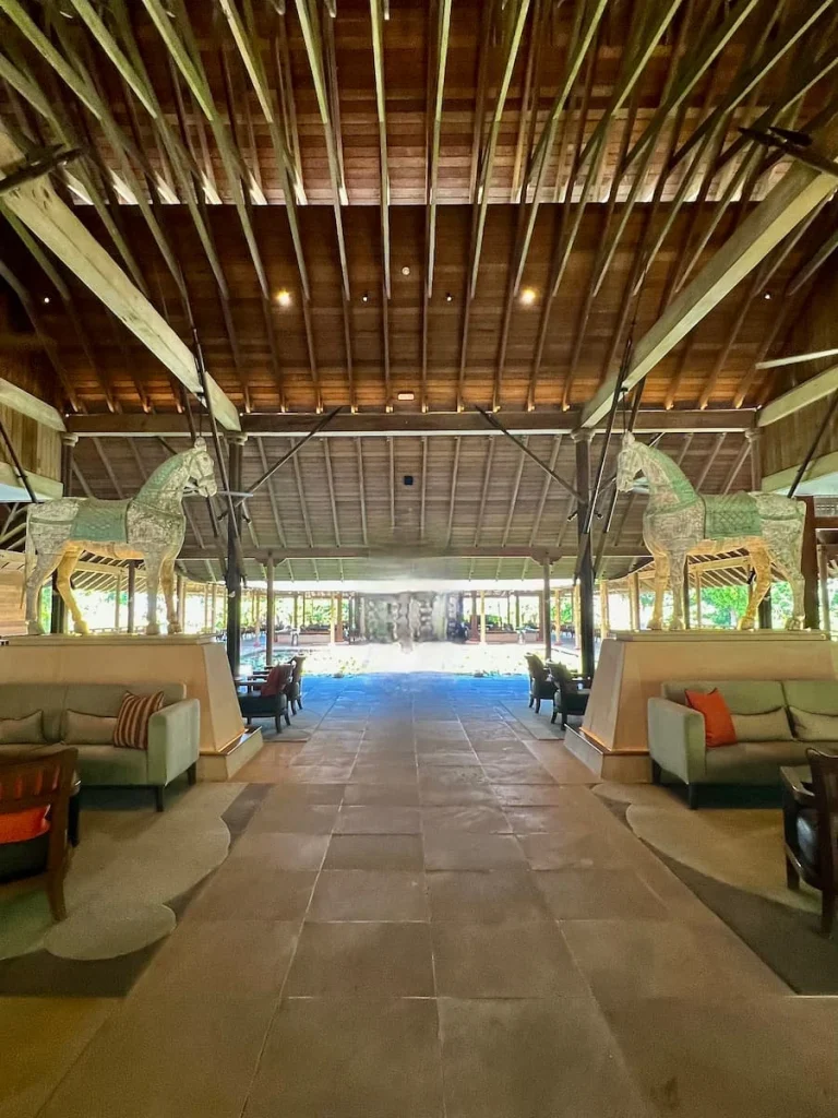 The lobby area at The Datai Langawi with 2 Malaysian white horse statues