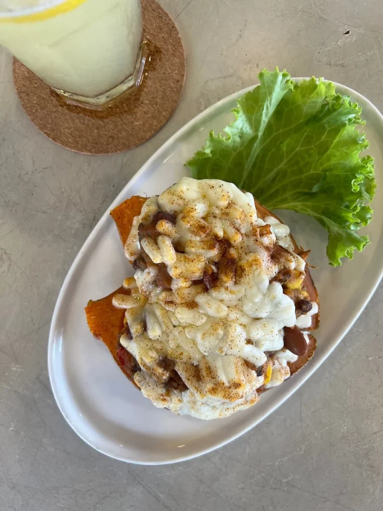 Vegan and vegetarian food in Langkawi: Top lay of Mexican sweet potato skins at Melior cafe