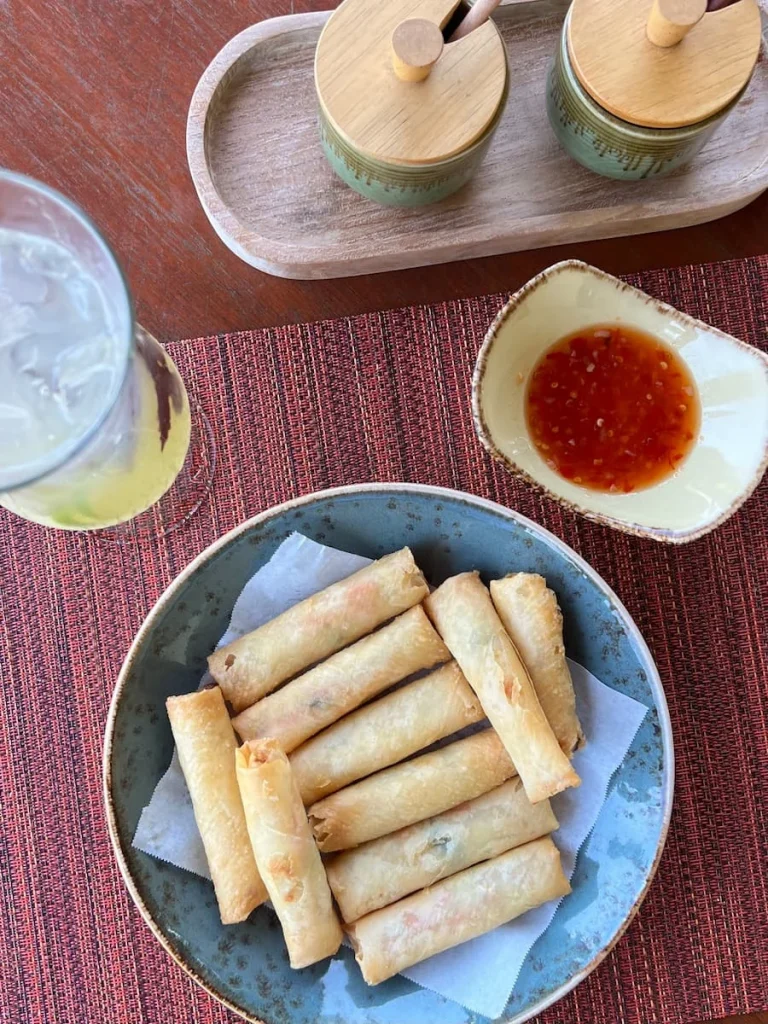 Vegan & vegetarian Food in Langkawi: Flat lay photo of Vegetable spring rolls at Els Golf Club, Langkawi.