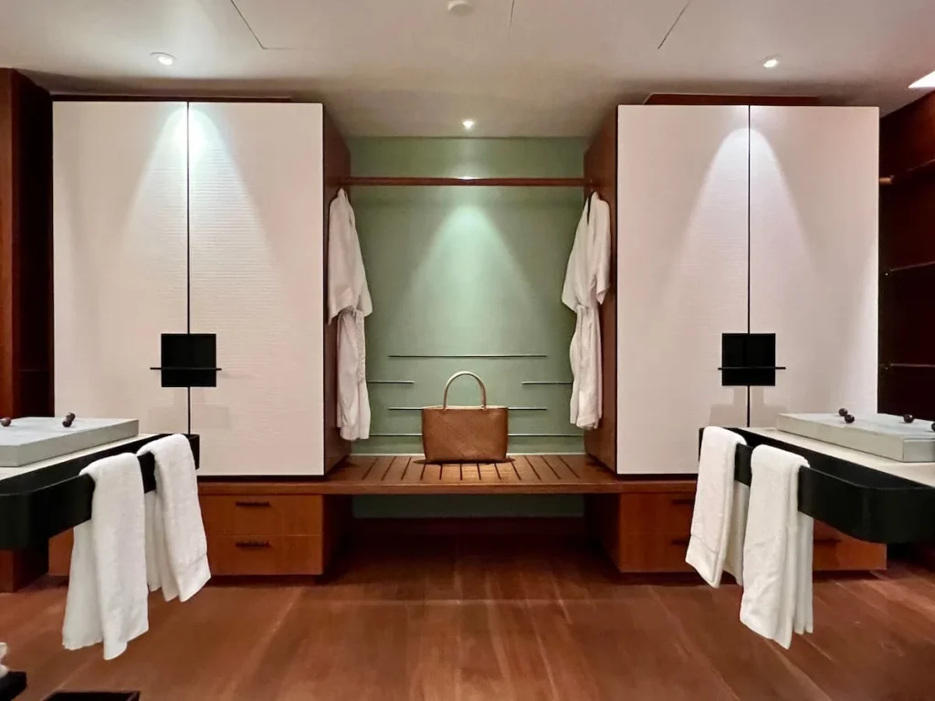 Day beds next to the double doors to the balcony in a premium room at The Datai Langkawi