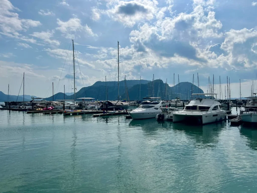 Things to do in Langkawi: Fishermans Wharf with Yachts lined up at Royal Yacht Club