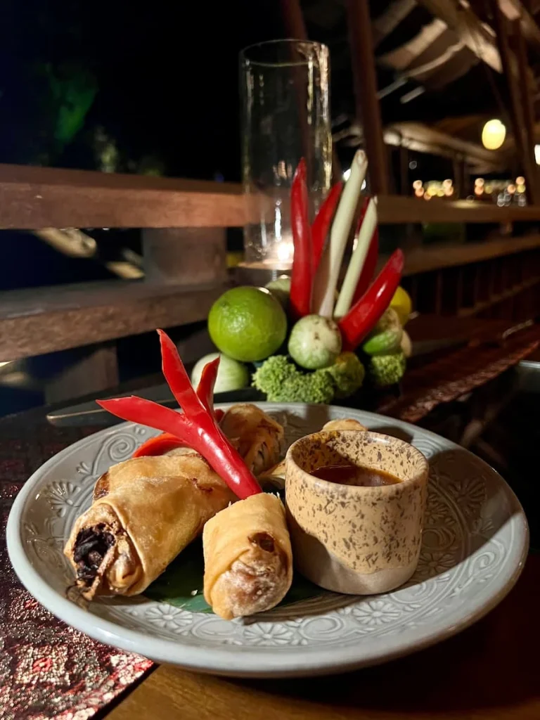 Vegan and Vegetarian food in Langkawi: vegetable spring rolls at The Pavillion, The Datai, Langkawi
