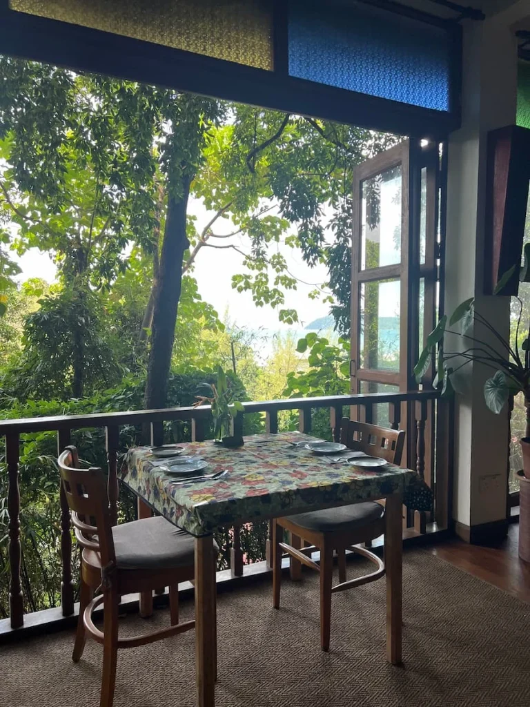 Vegan and Vegetarian food in Langkawi: window seating at Pegaga Cafe with views of the treetops