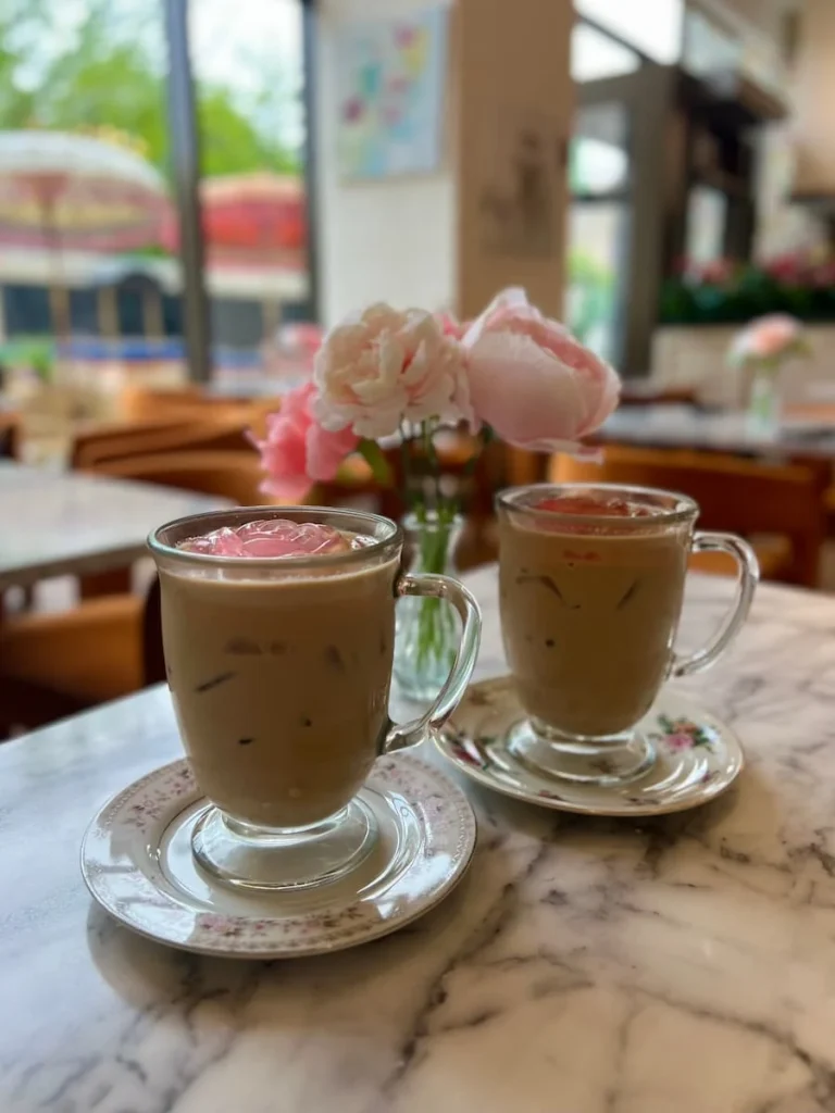 2 iced lattes with vanilla syrup at Sugary, Chicago. The drinks are on a white and grey marble effect table with a vase of pink artificial poeny's .