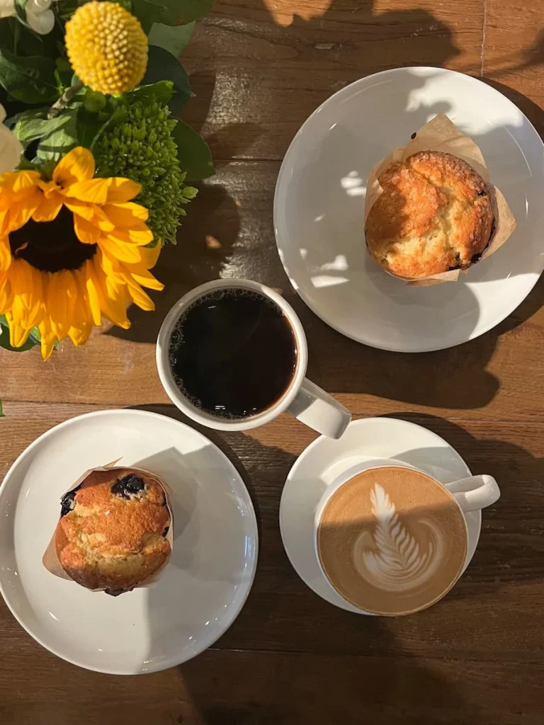 Cupitol with sunflowers, a toplay of 2 muffins, a mug of black coffee and a cappuccino.One of the coffee shops in Chicago for Vegetarians