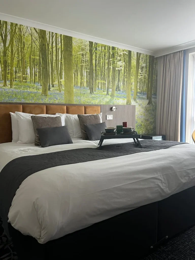 King bed with grey cushions an dwhite duvet cover in Chancellor's Suite at Burleigh Court Hotel, Loughborough