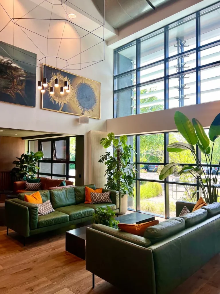 Portrait view of sofas in the reception lounge at Burleigh Court Hotel, Loughborough. There are windows in the backdrop