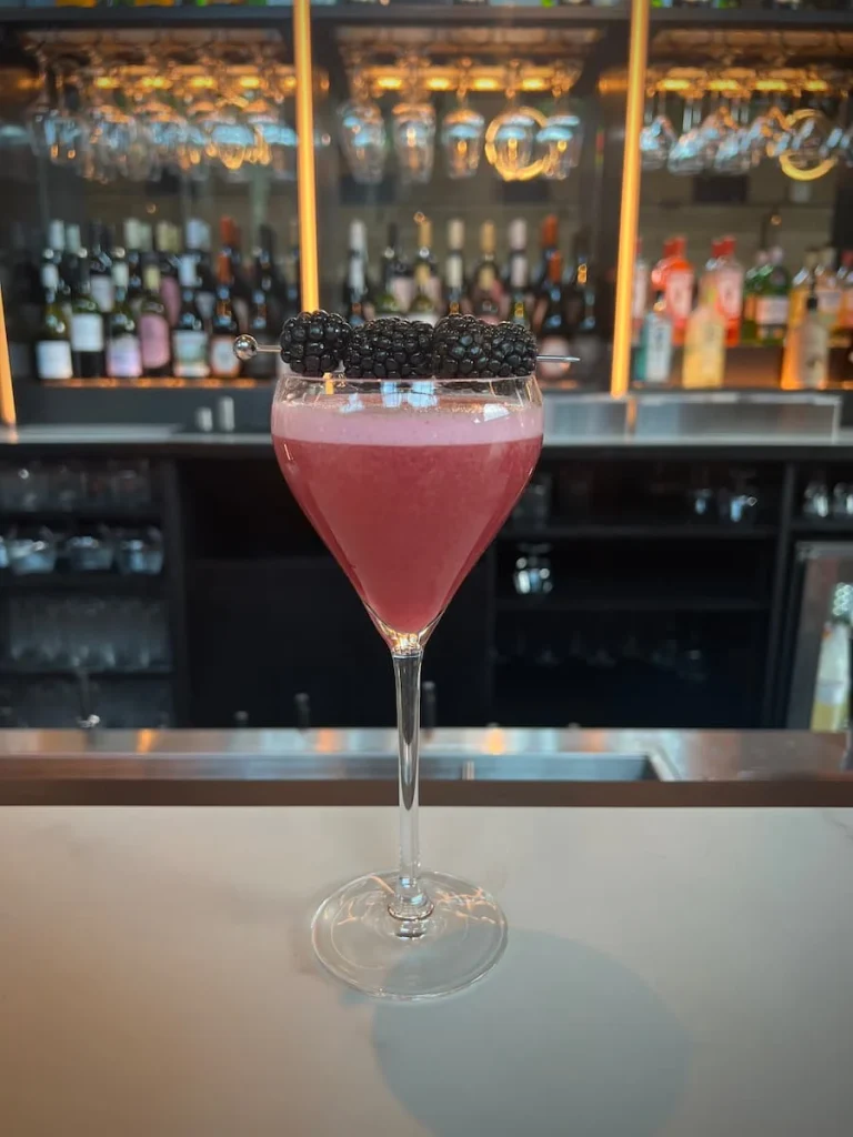 The Berry Foamy cocktail on the bar top at Fifty The Street, Loughborough