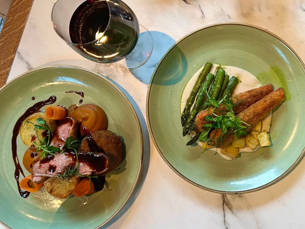 Top lay of the carrot schnitzel and duo of duck at Fifty The Street, Loughborough