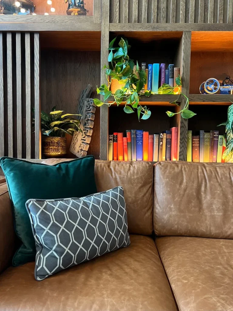 close-up of sofa and colourful cushions in the reception lounge at Burleigh Court Hotel, Loughborough