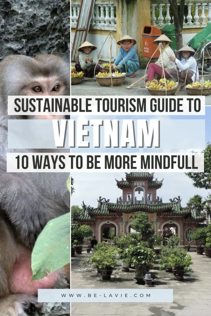 Sustainable Tourism in Vietnam Pinterest Pin with 3 images overlaid with text reading, sustainable tourism guide to Vietnam: 10 ways to be more mindful