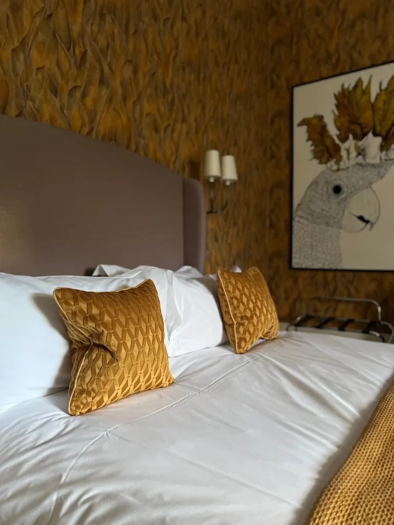 The bed and gold coloured scatter cushions on the white linen against a light brown headboard n the superior room at the Queensberry Hotel, a luxury boutique hotel in Bath