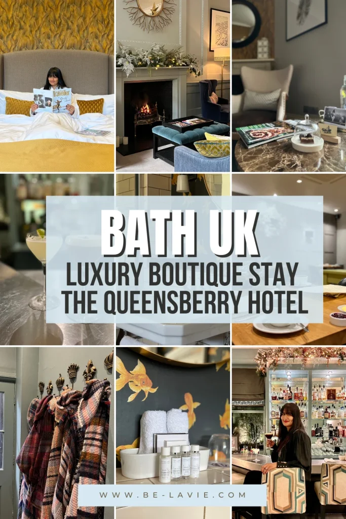 The Queensberry Hotel Bath Pinterest Pin with 9 images overlayed with text. The text reads, Bath UK. Luxury boutique stay, the Queensberry Hotel.