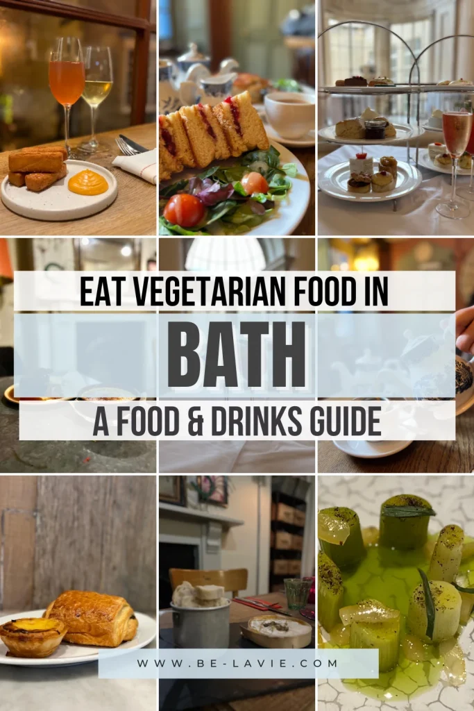 Vegetarian food in Bath Pinterest Pin with 9 images overlayed with text. Text reads 'eat vegetarian food in Bath. A food and drinks guide'