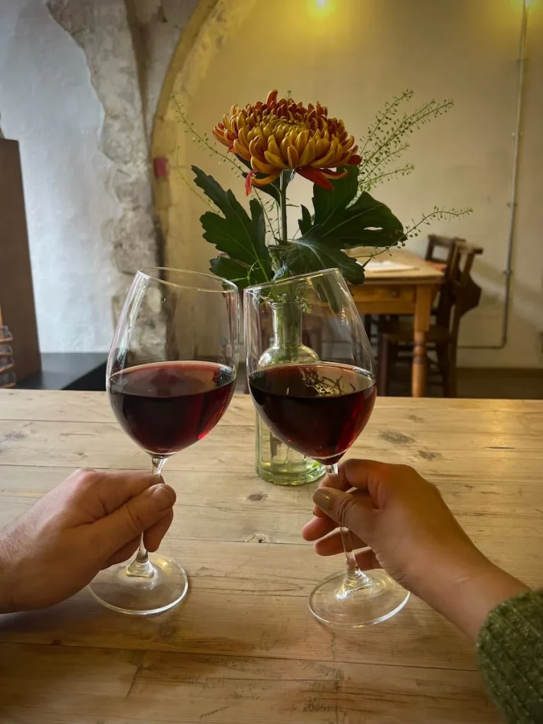 2 red wines doing a cheers at Victoria's Cheese, Ely. There is a pink flower in a vase in the background