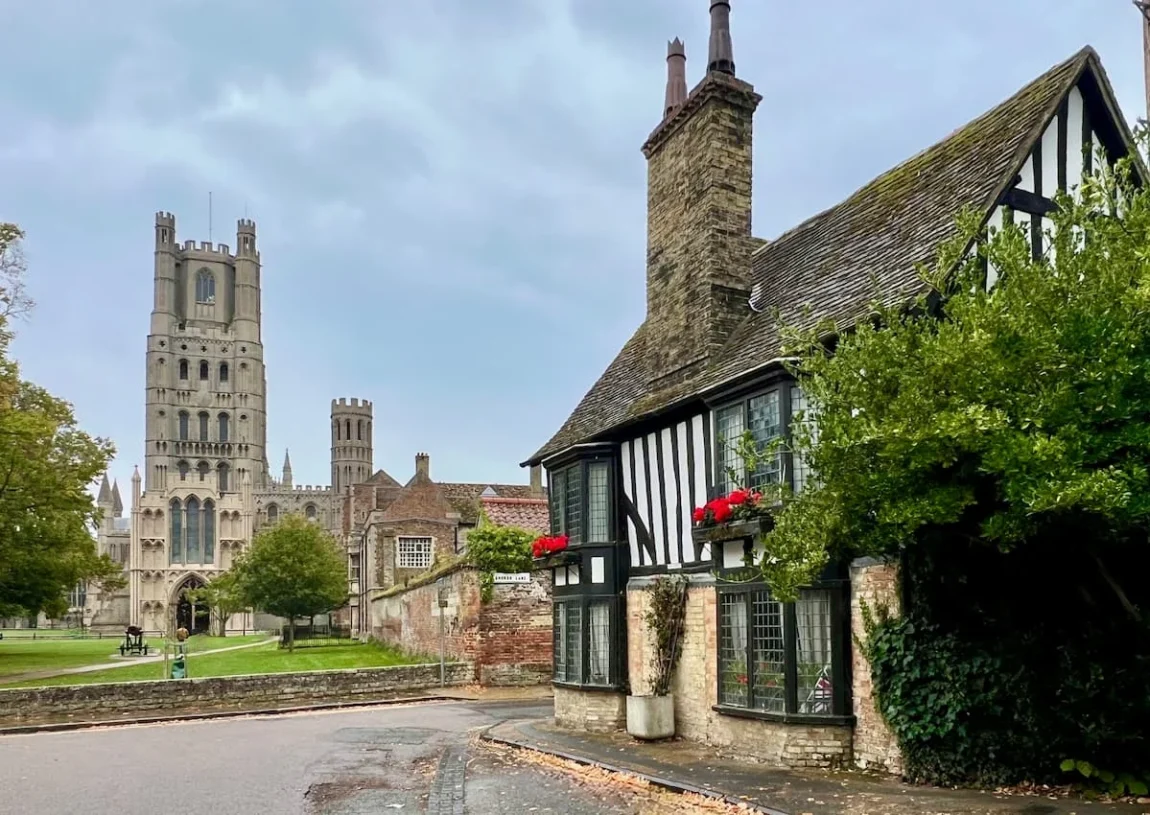 Front view of Ely Cathedral in the background with a Black and white timbered cottage to the right with trees and pretty pink flowers. One of the things to do in Ely.