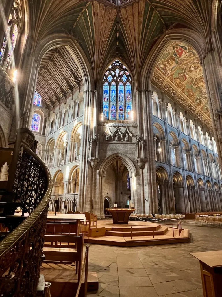 The Octagon Tower alternate view including the Nave with the central hexagonal alter on the ground floor at Ely Cathedral