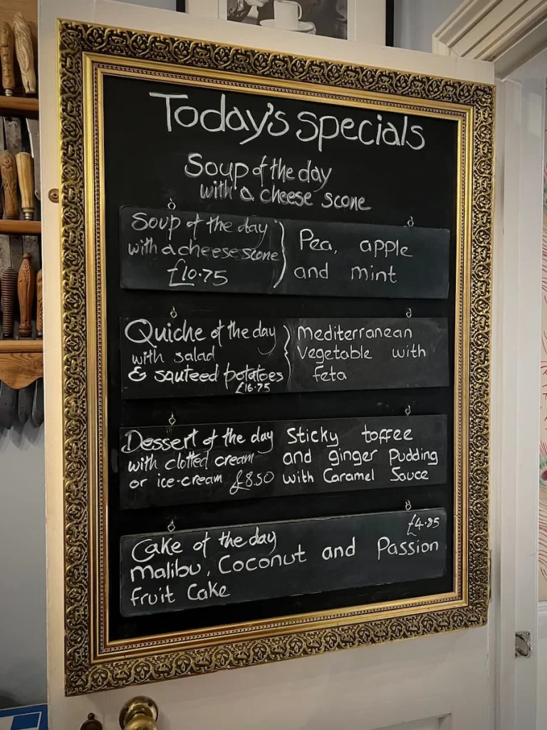 The Specials board on the back of the door at Peacocks Tearooms in Ely