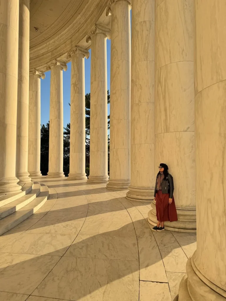 Bejal infront of columns atThomas Jefferson Memorial, Washington DC