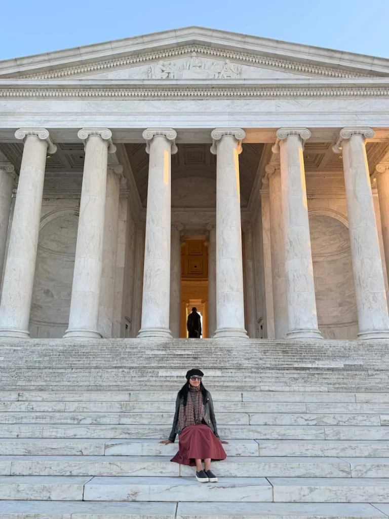 Bejal sitting on steps at Thomas Jefferson Memorial, Washington DC
