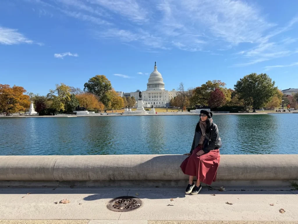 Bejal with Capitol building in background with water in front and blue skies