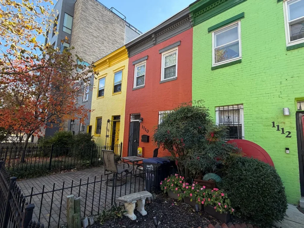 Bright coloured houses fascia, Logan Circle, Washington DC. Logan Circle has a few sustainable hotels in Washington DC
