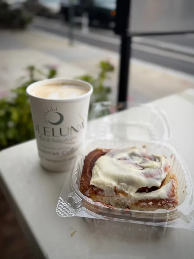 Cappuccino in a paper branded white cup and a Danish pastry covered in cream cheese frosting in a container at Soleluna's outdoor seating area in Washington DC