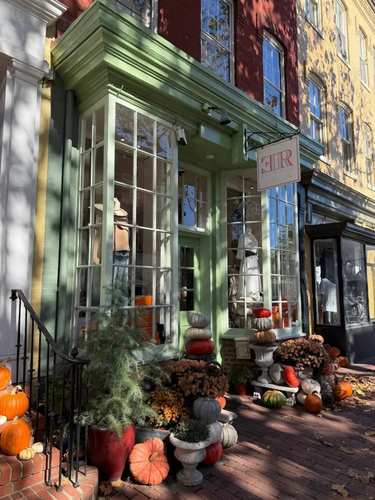 ER shop front in Georgetown Washington DC decorated with pumpkins. The store is located on a residential street off Wisconsin Avenue.