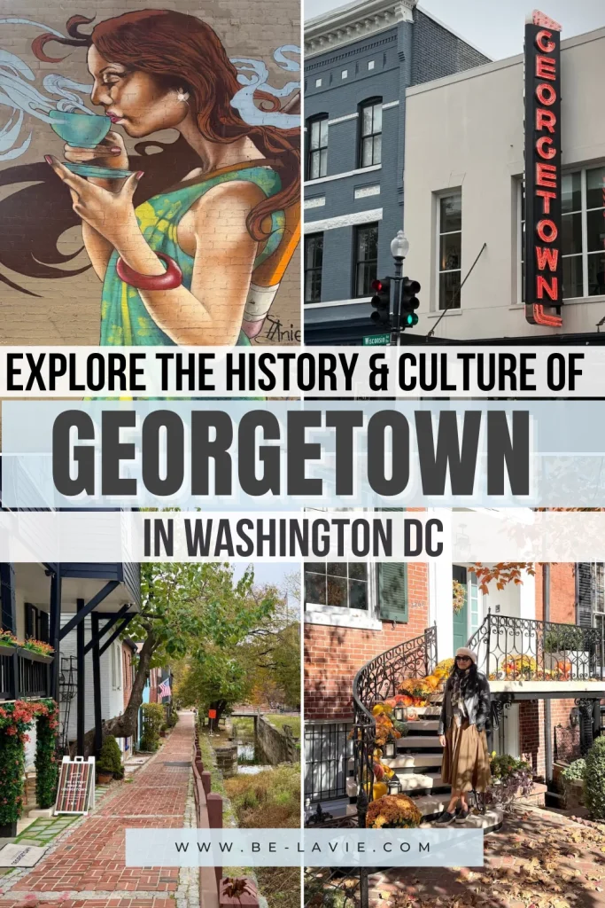 Georgetown in Washington DC Pinterest Pin overlaid with 4 images and text.1. Text reads, Explore the history and culture of Georgetown in Washington DC