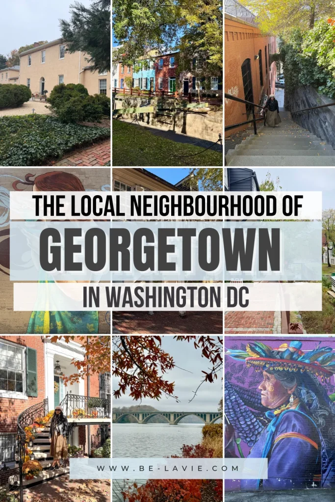 Georgetown in Washington DC Pinterest Pin overlaid with 9images and text. Text reads, the local neighbourhood of Georgetown in Washington DC