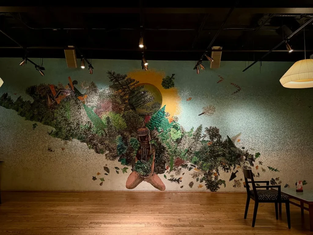 Colourful mural on the back wall of the Wild Days Rooftop at Eaton DCHotel, Washington DC