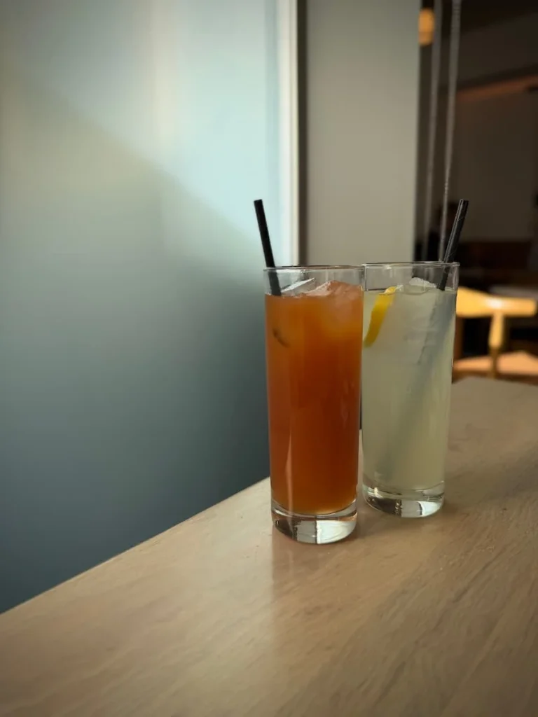 Non-alcoholic drinks at Zaytinya, Washington DC. The cardamom drink is red and the lemon drink is light white. They both have a black paper straw in them.