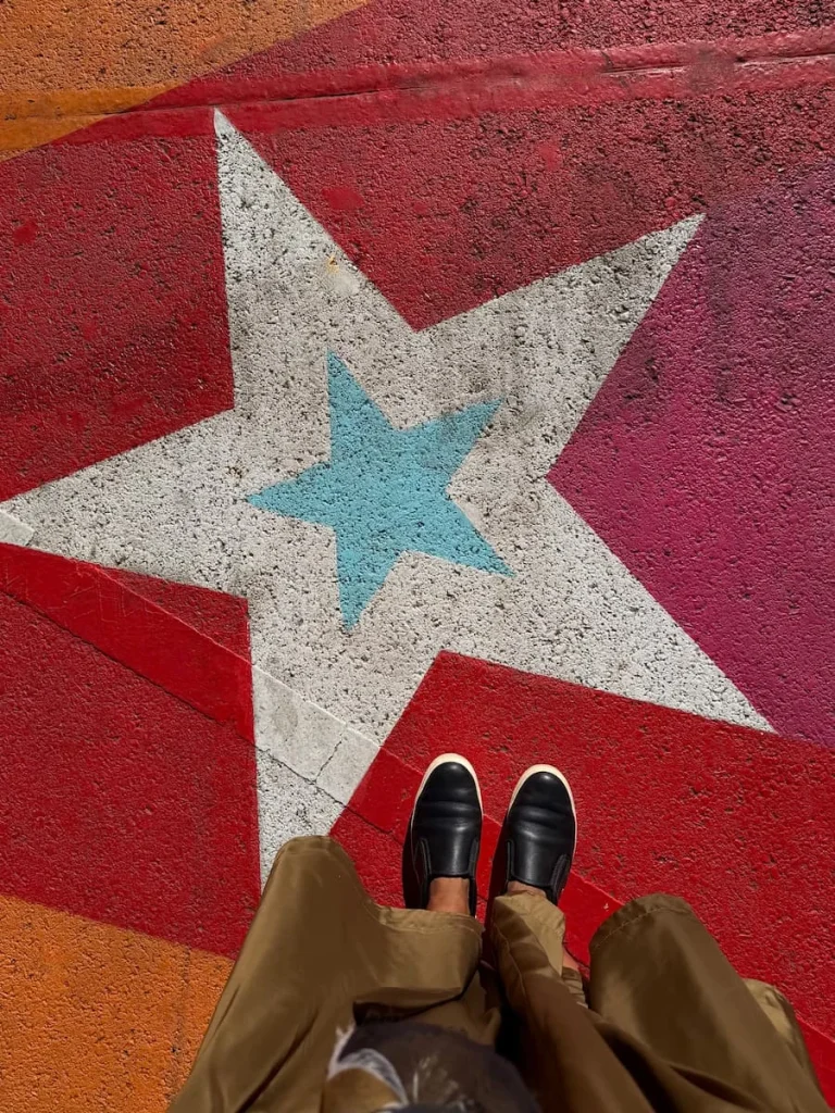 Rainbow road Dupont Circle, Washington DC. bejal standing with black pumps on rainbow road art with star