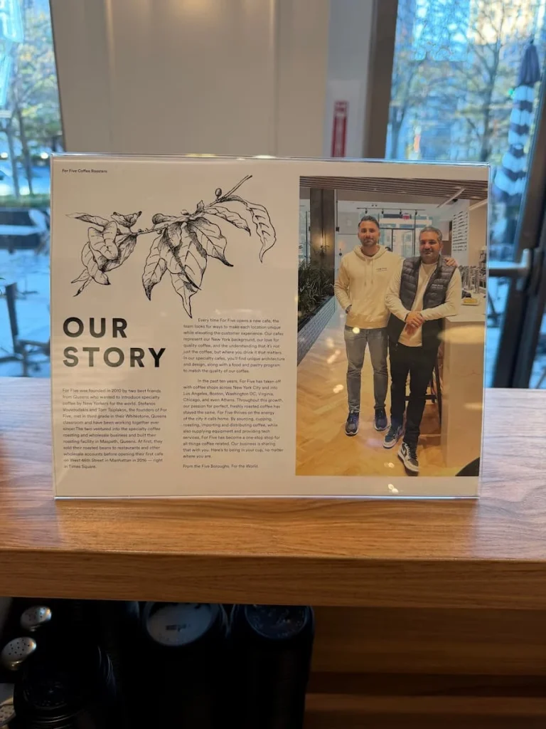 Same table top story board of For Five Coffee founders, Washington DC