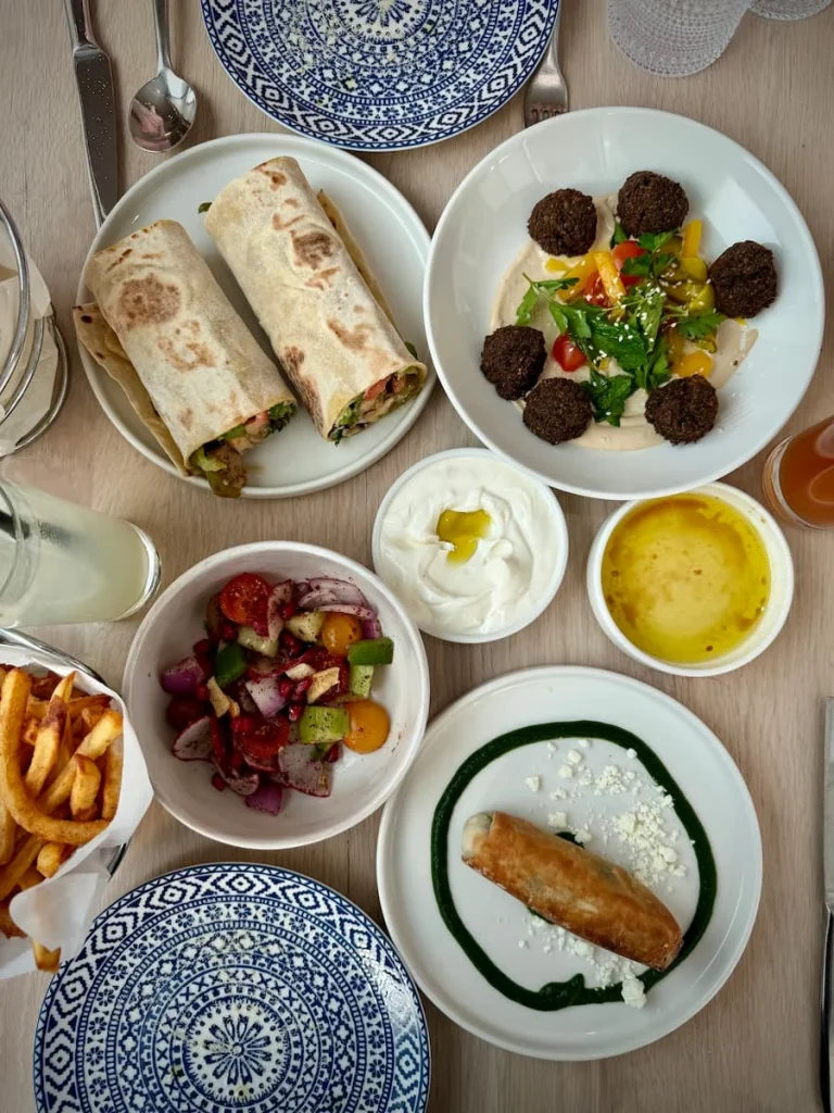 Top lay of mezze medley at Zaytinya Washington DC on a white topped table