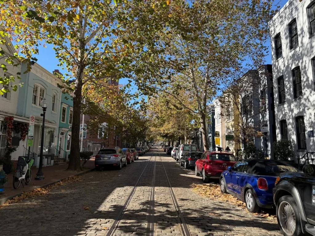Typical road leafy street in Georgetown Washington DC. There are cars parking in either side and a tram track right in the middle. The sky is bright blue with autumn trees framing the image.