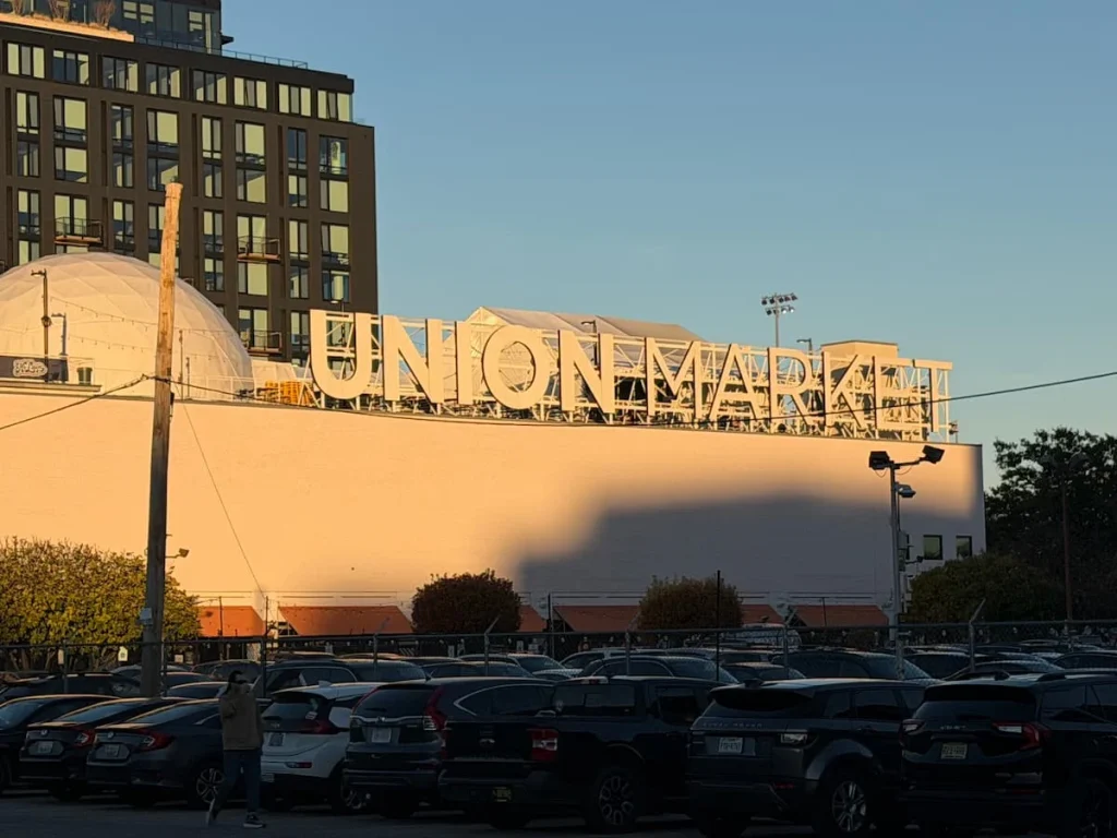Union Market exterior, Washington DC with cars parked in the forecourt