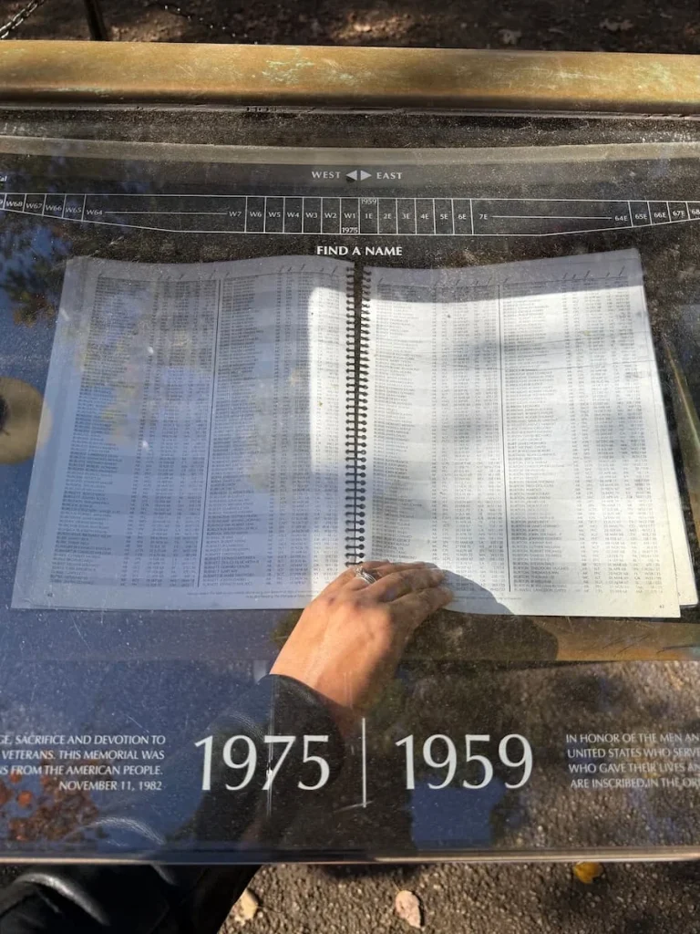 Vietnam War Veterans Book with names of fallen soldiers. Washington DC. Bejal's hand can be seen turning the pages