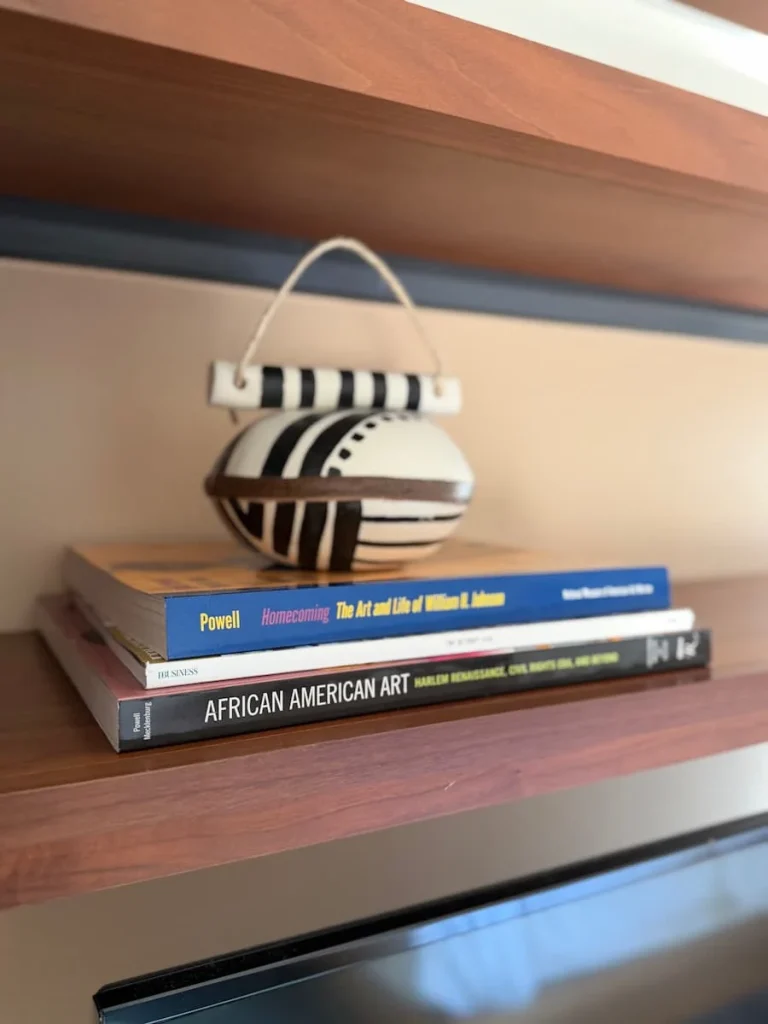 African American inspired black and white pot on shelving at Eaton DC, Washington DC