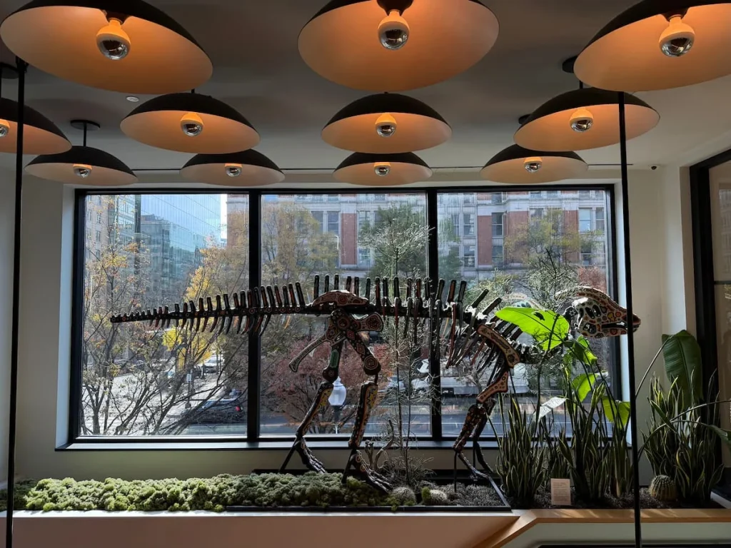 Dinosaur skeleton exhibit at Eaton DC, Washington DC. On the first floor outside the gym and wellness area