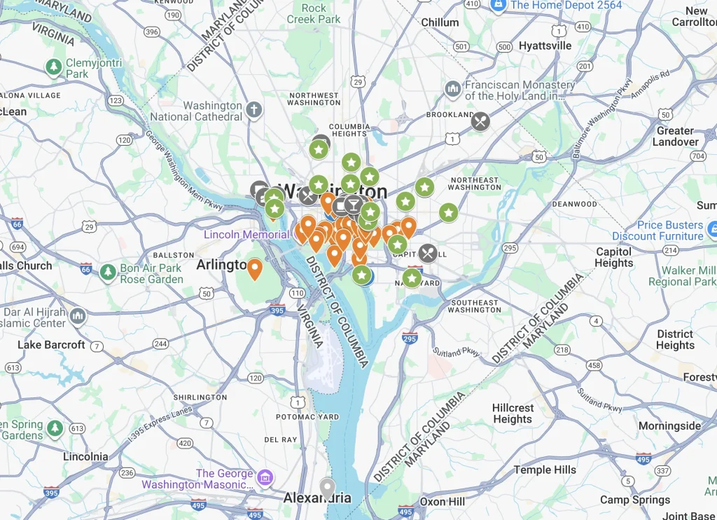 Washingto DC Google Map Screenshot with pins to locate places of interest