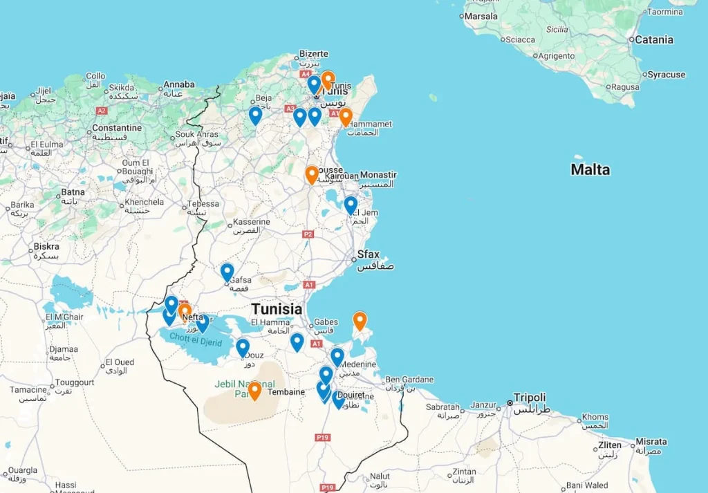 14 Day Itinerary Tunisia Map with orange and blue markers for all destinations featured in this guide.