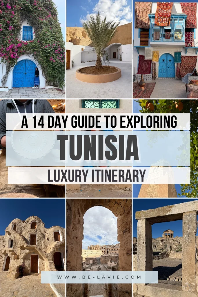 A 14 day luxury Tunisia Itinerary Pinterest Pin with 9 images overlayed with text. Text reads, A '14 day guide to exploring Tunisia, luxury itinerary'