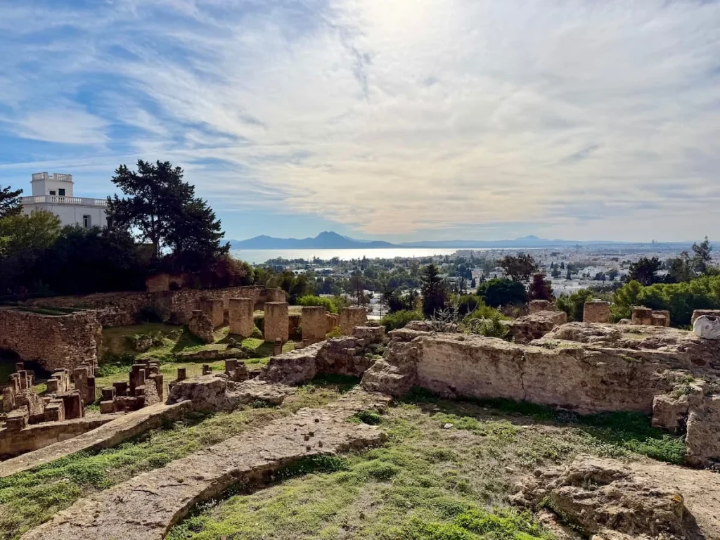 Byrsa Hill, Carthage, Tunisia. The ruins look down onto the city of Carthage with the blue Mediterranean sea in the background