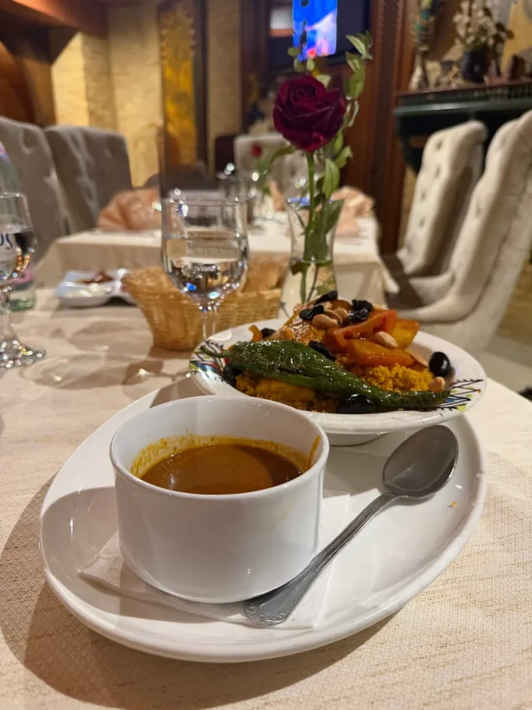 Couscous at El Brija, Kairouan. The couscous was served with vegetables and comes with a spicy harissa tomato sauce