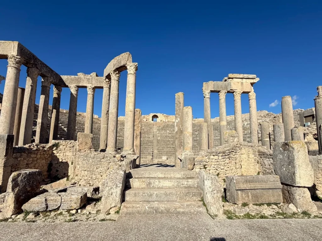 Dougga infront of amphitheatre, Tunisia. A front view of the site with teh amphitheatre in the background