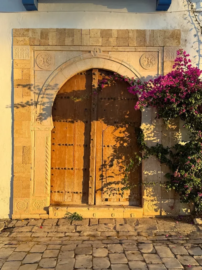 Golden studded doorway with a bougainvillaea plant to the right in Sidi Bou Said, Tunisia