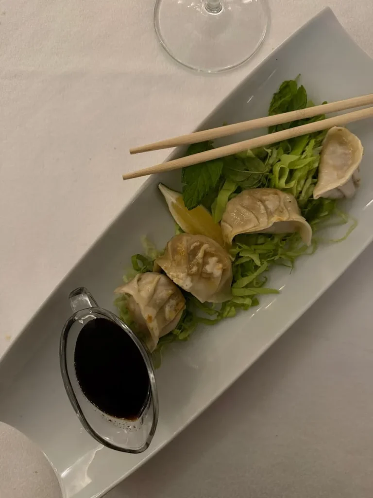 Gyoza on an oblong white plate with chopsticks and soy sauce in La Badira Mediterranean retraurant, Hammamet