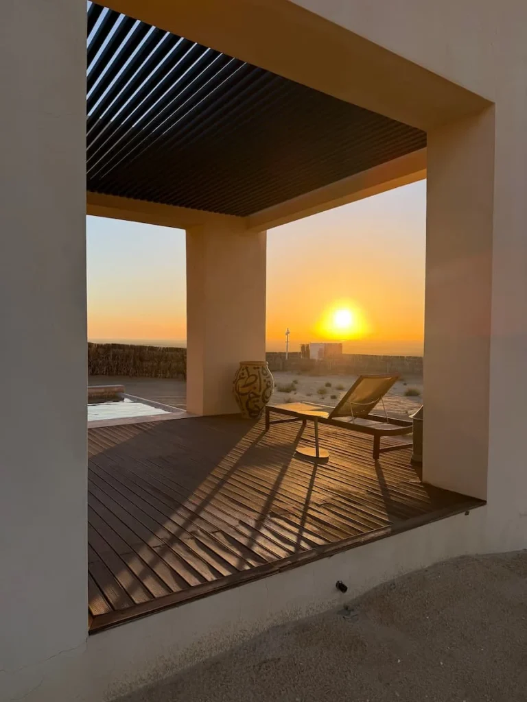 Private deck overlooking the sunrise at The Mora Sahara Tozeur. There is a plunge pool and sun loungers on the deck