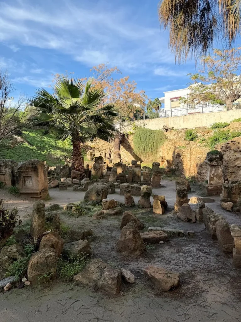 Punic Tophet, Museum with stone carved remains and palm trees in Carthage,Tunisia